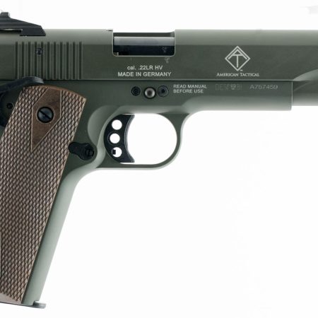 GSG GSG2210M1911G 1911  22 LR 10+1 5" Threaded Barrel, OD Green Serrated Slide, OD Green Zinc Alloy w/Beavertail Frame, Double Diamond Walnut Grip