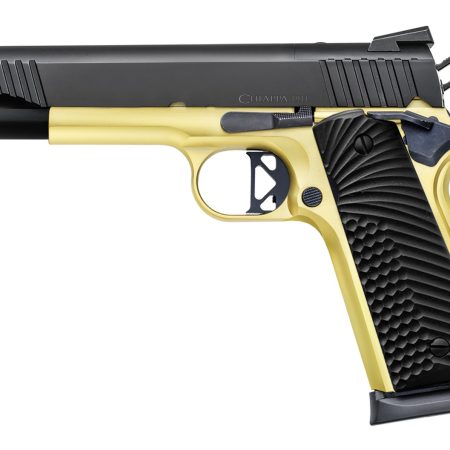 Chiappa Firearms 440236 1911 Superior Full Size Frame 45 ACP 8+1 5" Black Optic Ready/Serrated Slide, Gold Frame, Blue Laminate Grip, RMR/RMSc Footprint
