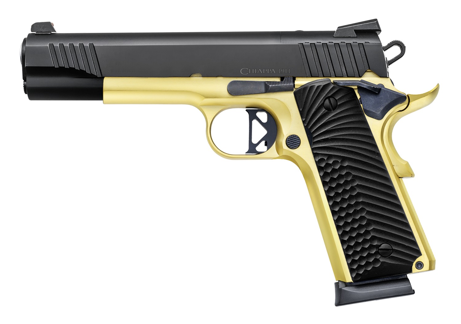 Chiappa Firearms 440236 1911 Superior Full Size Frame 45 ACP 8+1 5" Black Optic Ready/Serrated Slide, Gold Frame, Blue Laminate Grip, RMR/RMSc Footprint