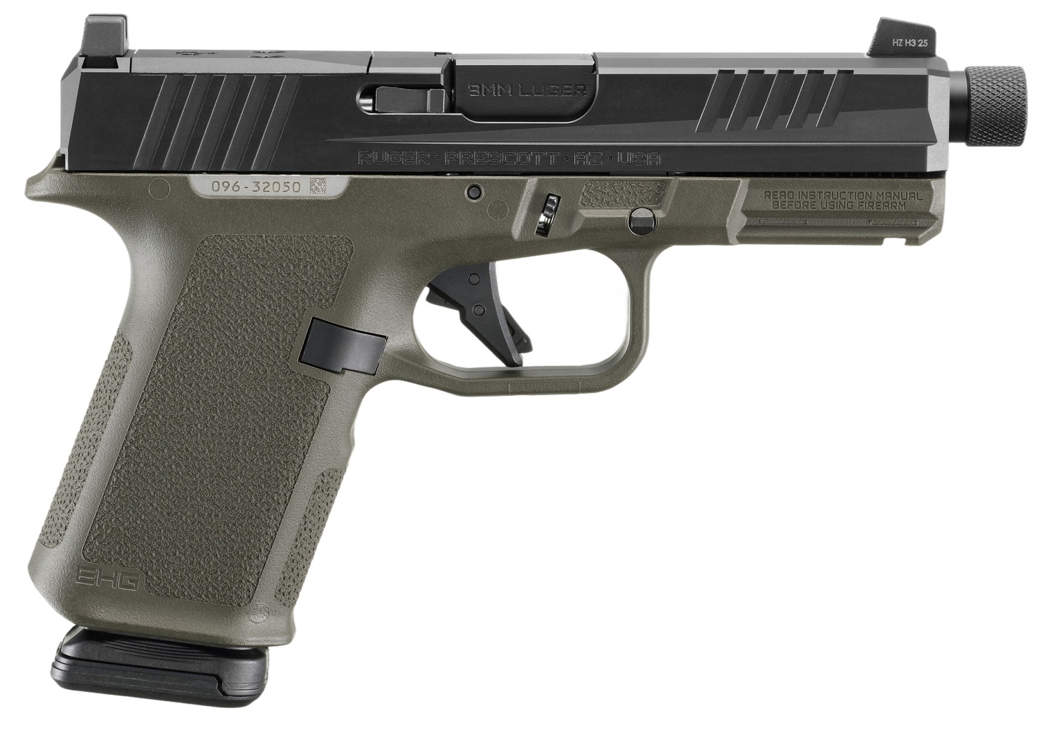 Ruger 19436 RXM 9mm Luger 15+1 4.50" Black FNC Nitride Threaded Barrel & Optic Ready/Serrated Slide, OD Green Polymer Frame w/Accessory Rail, Textured Grip, RMSc/RMR/DeltaPoint Pro Footprint