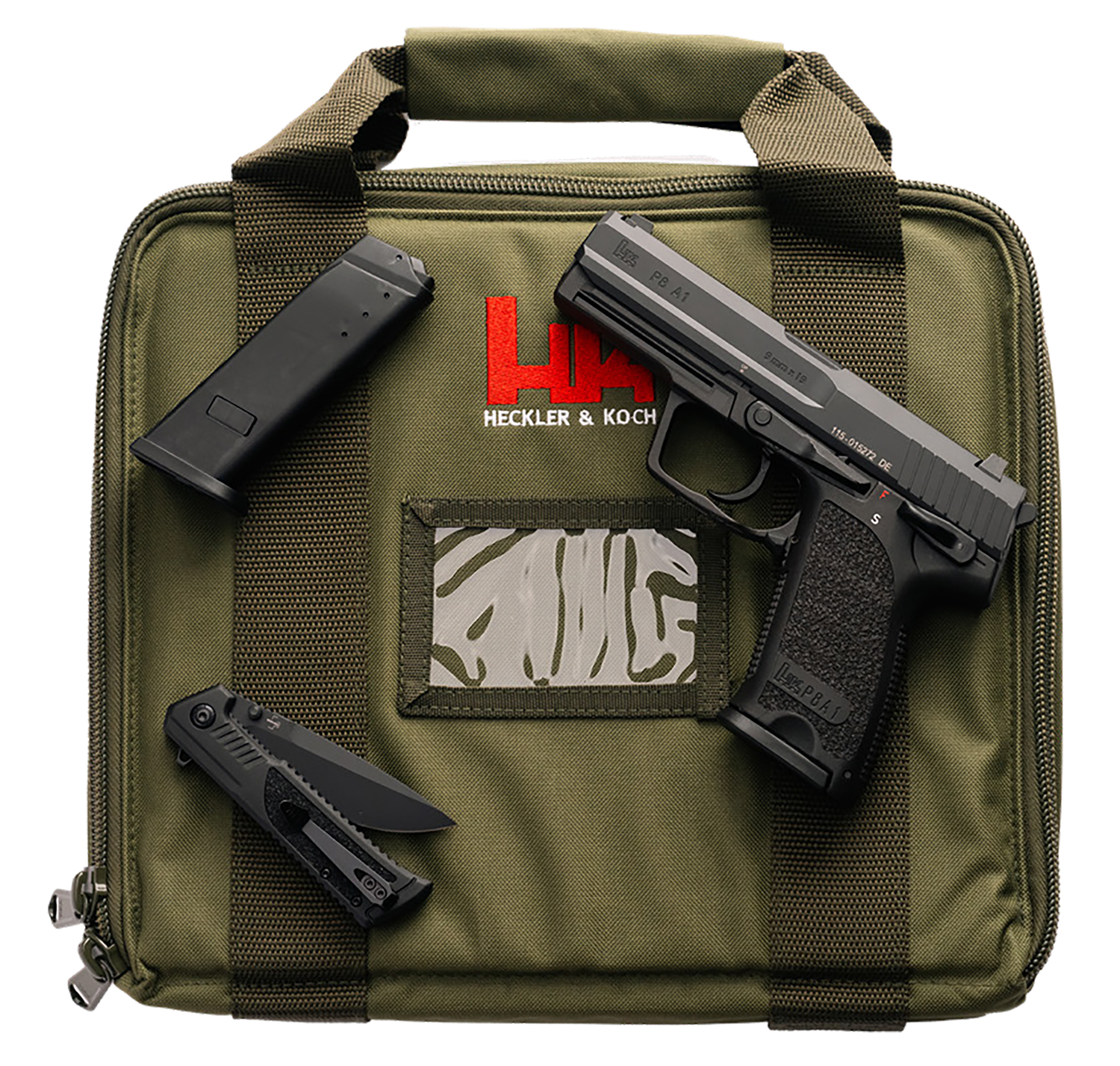 HK 81001398 P8 A1 Final Edition 9mm Luger 10+1 4.25" Black Steel Barrel & Serrated Slide, Black Polymer Frame w/Accessory Rail, Textured Grip, Boker Knife, Green Gun Case