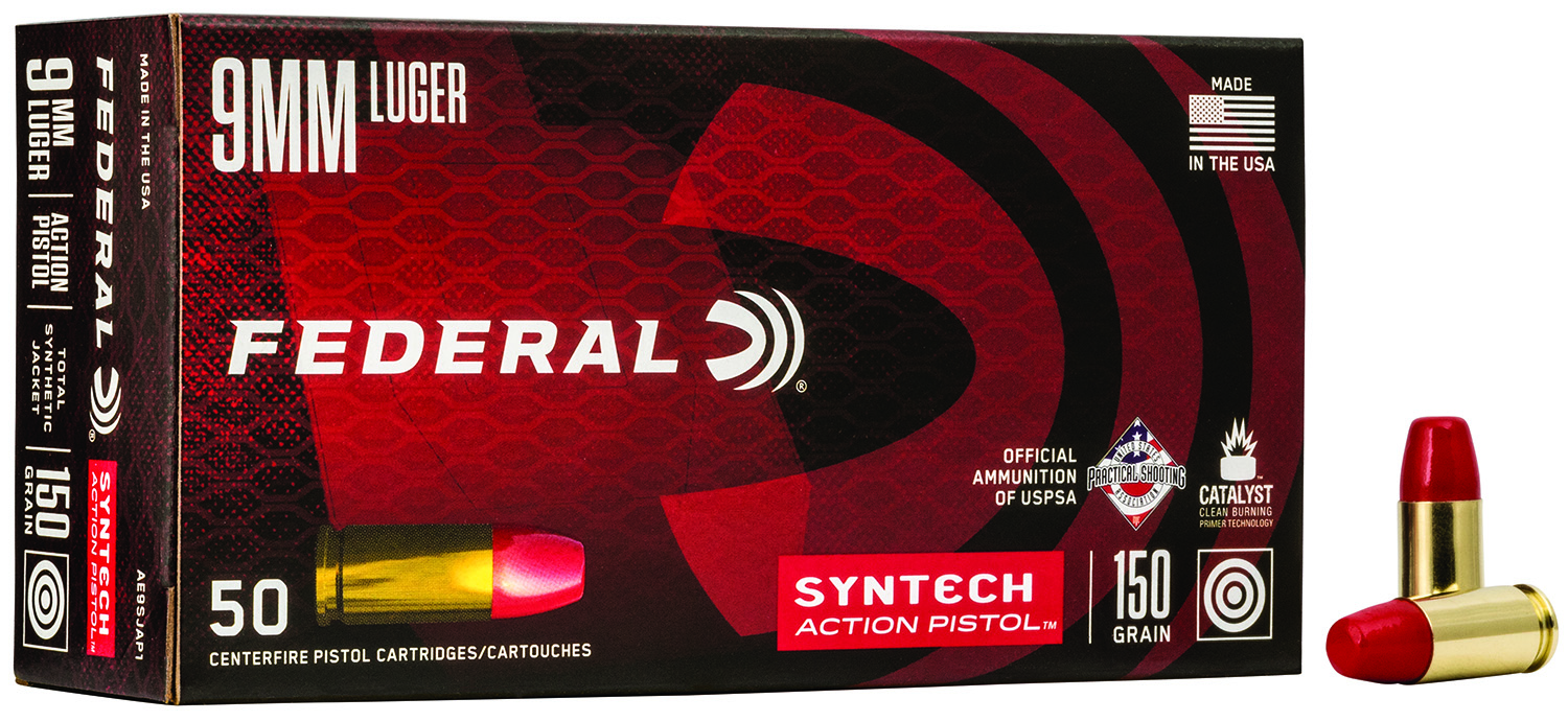 Federal AE9SJAP1 American Eagle Syntech Action Pistol 9mmLuger 150gr Total Syntech Jacket Flat Nose 50 Per Box