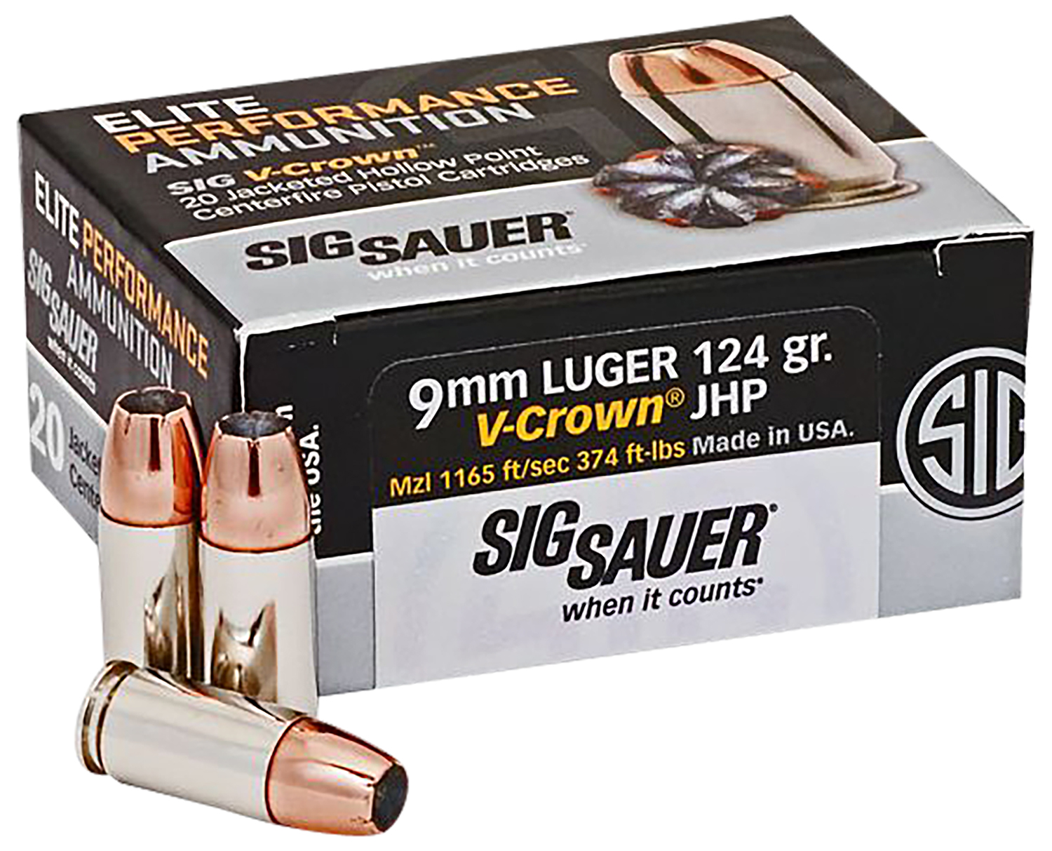 Sig Sauer E9MMA220 Elite Performance 9mmLuger 124gr V-Crown Jacketed Hollow Point 20 Per Box/10 Case